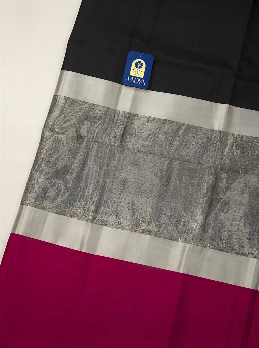 Black & Rani Pink Chanderi Silk Saree with Silver Zari Border & Pallu