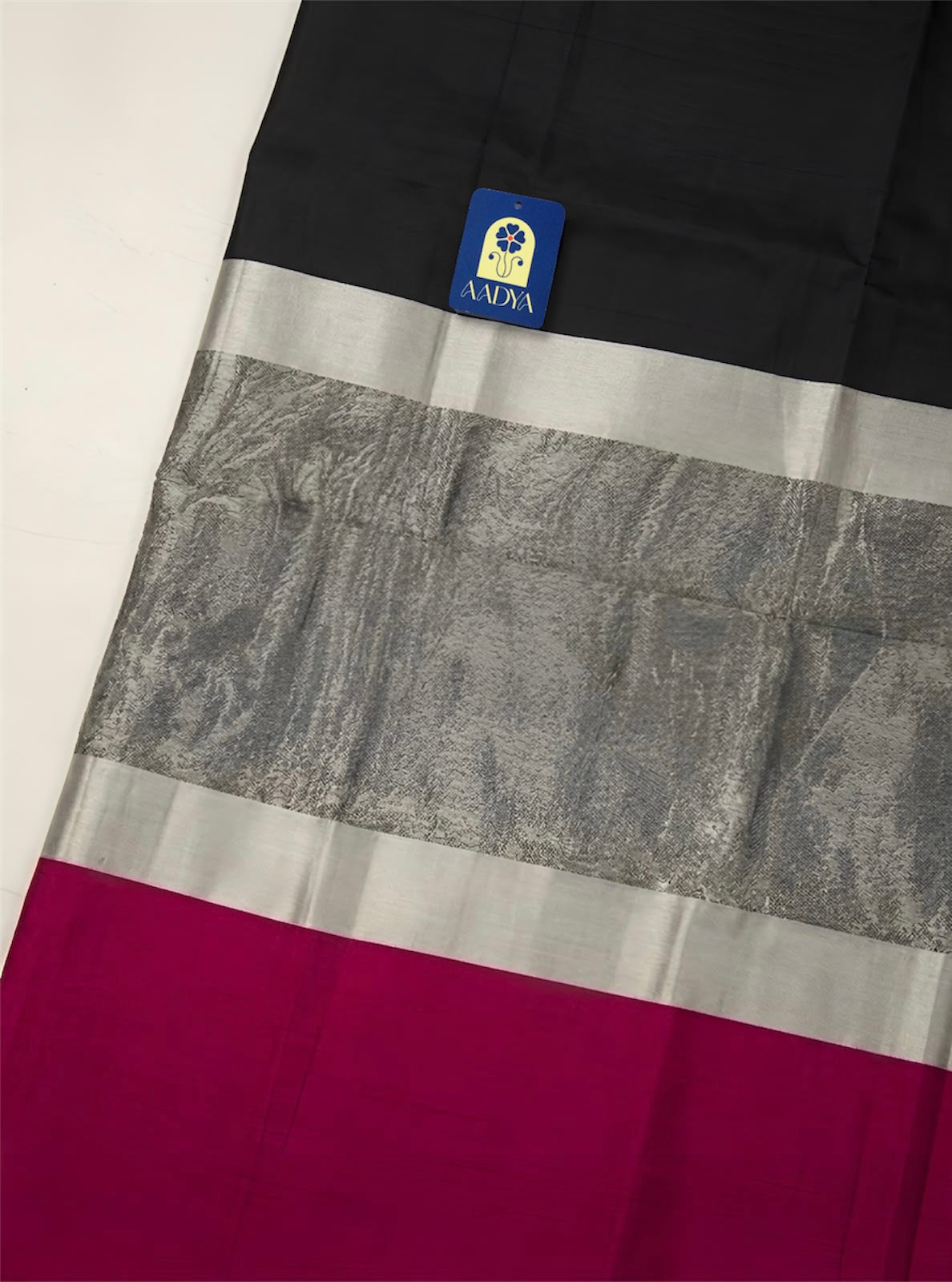 Black & Rani Pink Chanderi Silk Saree with Silver Zari Border & Pallu