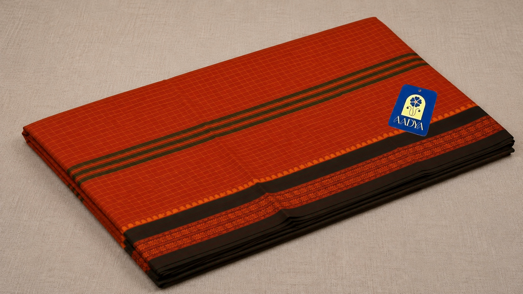 Rust Narayanpet Cotton Saree with Checks & Purple Thread-Work Border