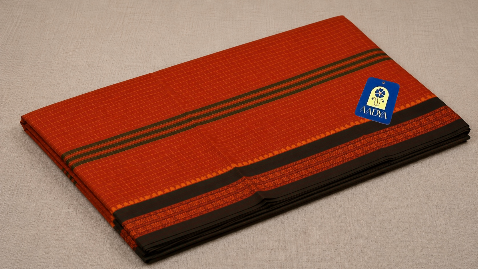 Rust Narayanpet Cotton Saree with Checks & Purple Thread-Work Border