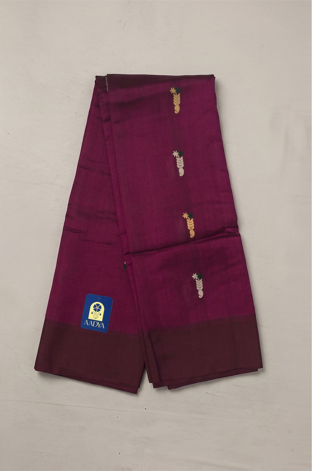 Wine Chanderi Silk Saree with Gold & Silver Meenakari Buttis