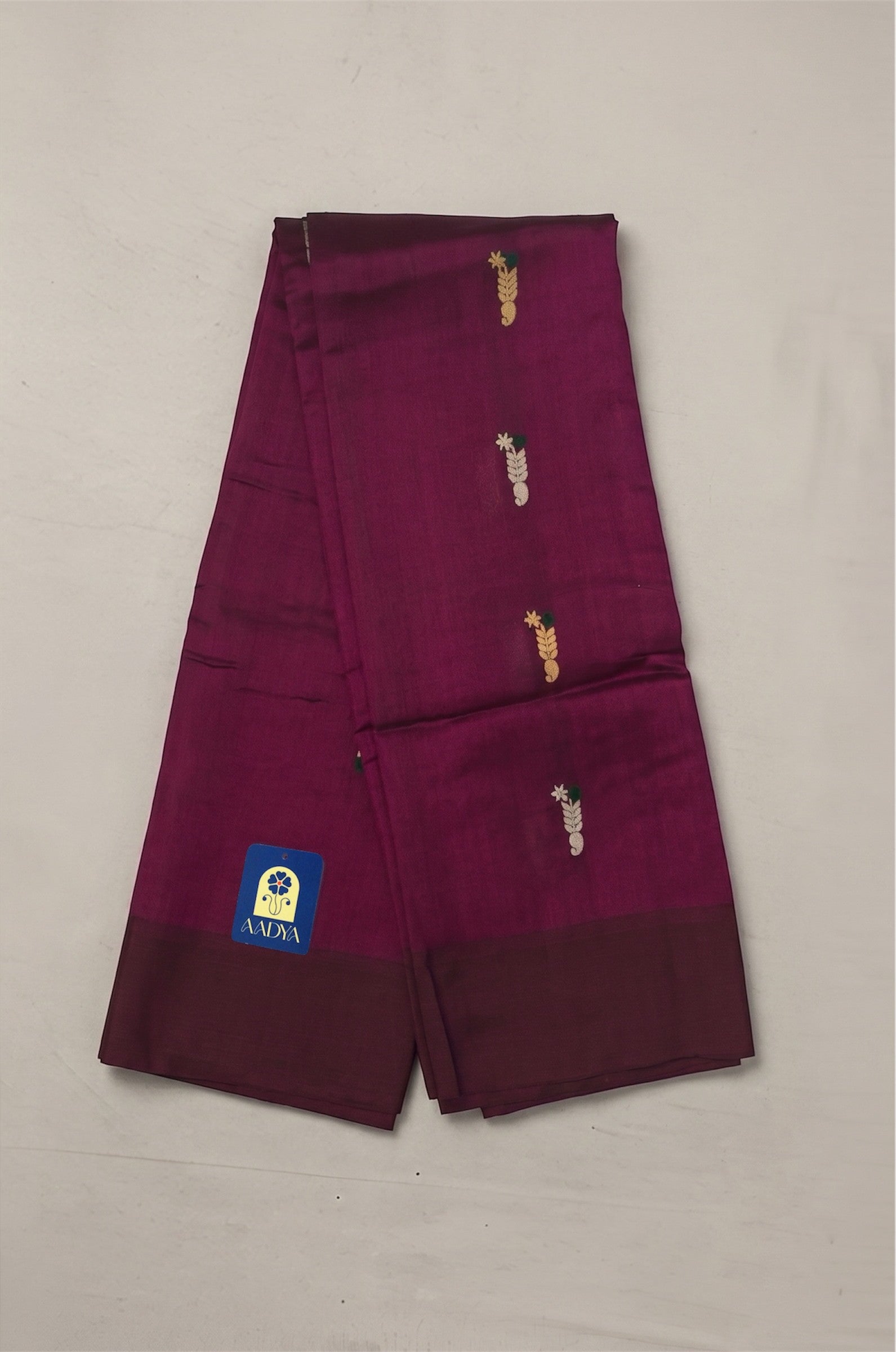 Wine Chanderi Silk Saree with Gold & Silver Meenakari Buttis