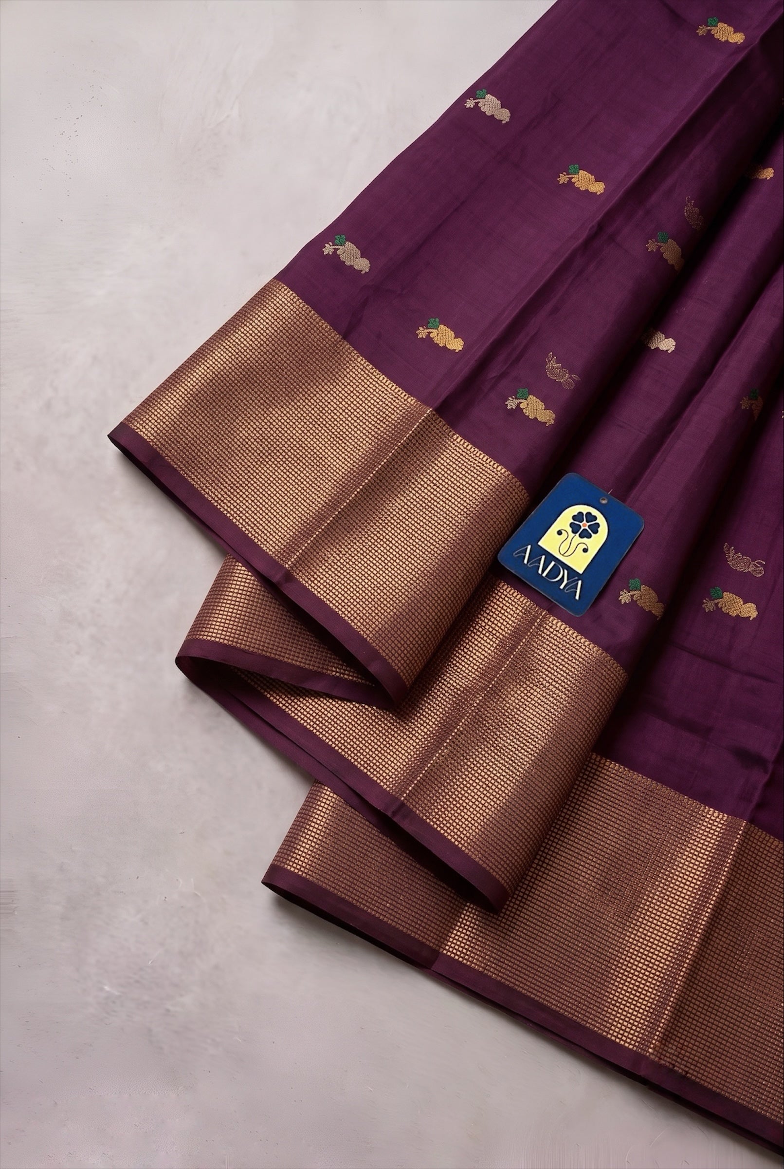 Wine Chanderi Silk Saree with Gold & Silver Meenakari Buttis